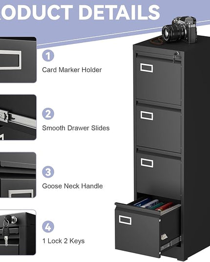 4 Drawer File Cabinet with Lock,Metal Filing Cabinets for Home Office 4 Drawer,Locking File Cabinet for Letter/Legal/A4/F4 Size,Assembly Require,Black