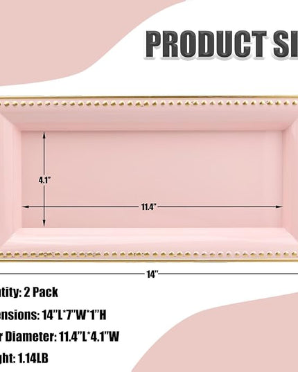 2 Pack Pink Bathroom Vanity Tray for Countertop with Beads, Small Plastic Toilet Tank Versatile Storage Organization Tray for Makeup, Perfume, Desk, Kitchen, Candles, 14"x7"x1", 36P