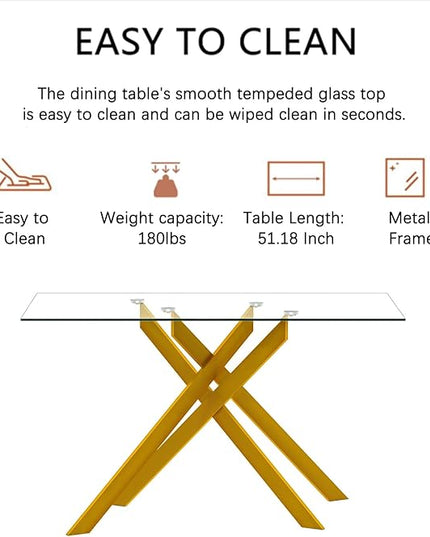 51" Rectangular Glass Dining Table Modern Kitchen Glass Top Table for 4 with Gold Metal Legs, Clear Dining Table Kitchen Table for Home Office Dining Room