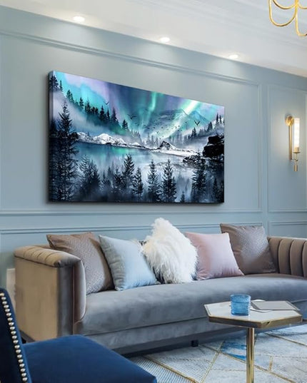 hyidecorart Modern Canvas Wall Art For Office Large Wall Decorations For Living Room Stretched And Framed Canvas Prints Paintings Blue Aurora Scenery Wall Pictures Artwork Hotel Mural Ready To Hang
