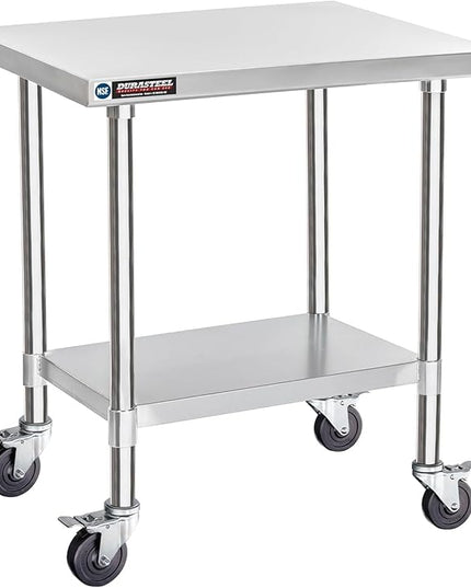 DuraSteel 30x24 NSF Stainless Steel Cart Work Table - Heavy Duty Rolling Food Prep Table - Metal Utility Cart on Wheels Caster, Grill Stand Microwave Outdoor Kitchen Tables Countertop Island Large Top