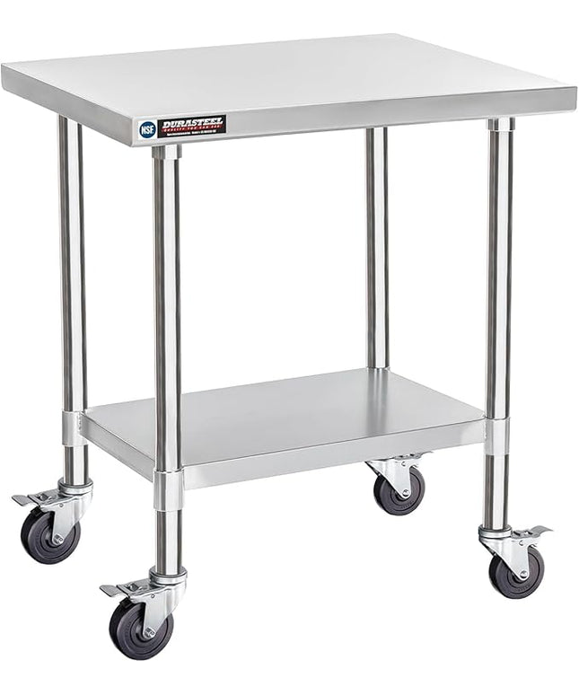 DuraSteel 30x24 NSF Stainless Steel Cart Work Table - Heavy Duty Rolling Food Prep Table - Metal Utility Cart on Wheels Caster, Grill Stand Microwave Outdoor Kitchen Tables Countertop Island Large Top