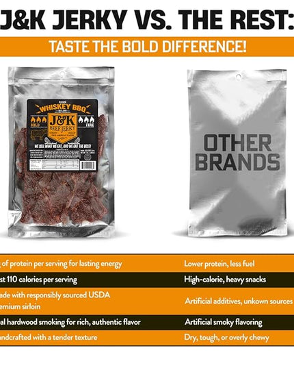 J&K Whiskey BBQ Beef Jerky - Small Batch American Made, Slab Beef Jerky Spicy and Savory Snack with a Kick - Bold & Flavorful Snack! - 7oz Big Bag