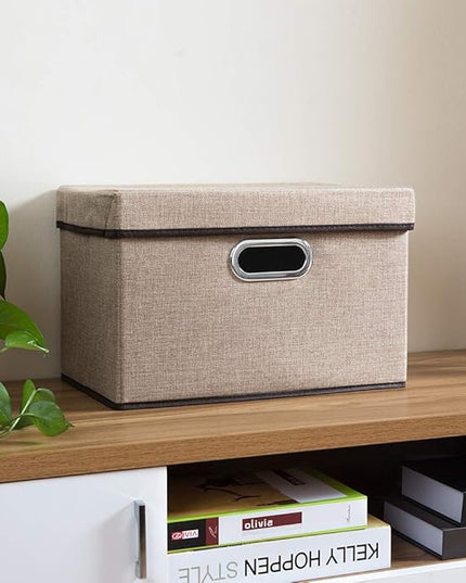 PRANDOM Collapsible Storage Containers with Lids [5-Pack] Jute Fabric Foldable Storage Bins Boxes Organizer Baskets Cube with Cover for Home Bedroom Closet Office Nursery (14.9x9.8x9.8)
