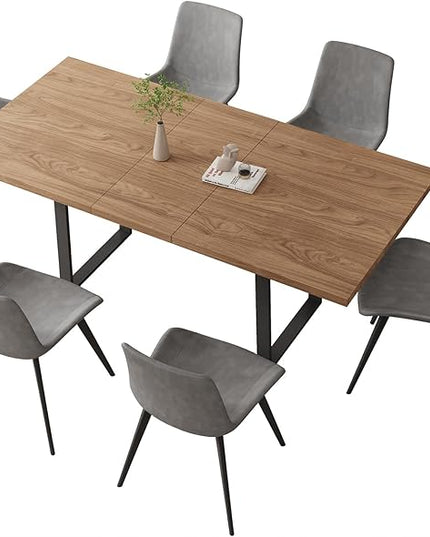 ZckyCine 67" Expandable Walnut Dining Table and 6 Upholstered Chairs, 7-Piece Dining Room Furniture Set, Mid-Century Modern Style for Home, Dining Room and Kitchen