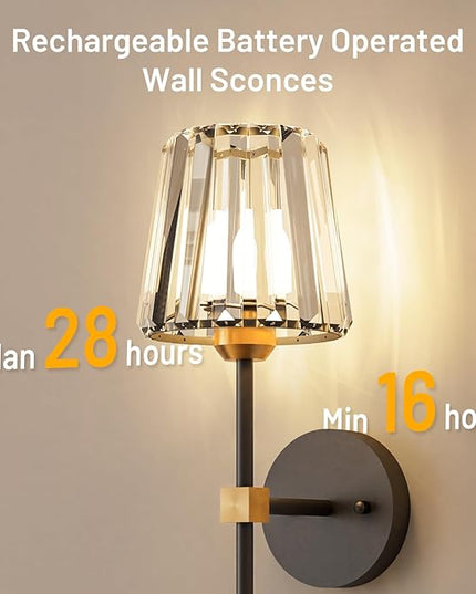 Crystal Battery Operated Wall Sconces Set of 2, Black and Gold Rechargeable Wireless Wall Lights with Crystal Lampshade, 12 RGB and 3CCT Dimmable Wall Lamps with Remote for Bedroom Living Room Hallway