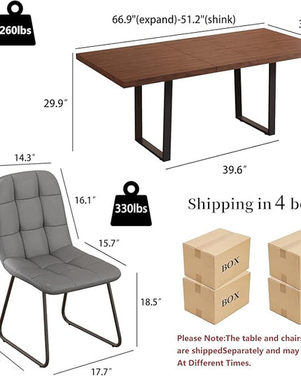 ZckyCine 67" Expandable Walnut Dining Table with 6 PU Leather Chairs, 7-Piece Modern Dining Set, Sturdy Metal Legs, Adjustable 51"-67" Rectangle Table for Kitchen & Dining Room