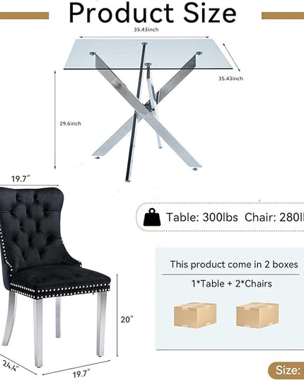 Glass Dining Table Set for 2, Square 36" Dining Table with Silver Cross Metal Leg, 2 Black Velvet Dining Chairs with Stainless Steel Legs, Modern Glass Kitchen Table and Chairs Set for Small Space