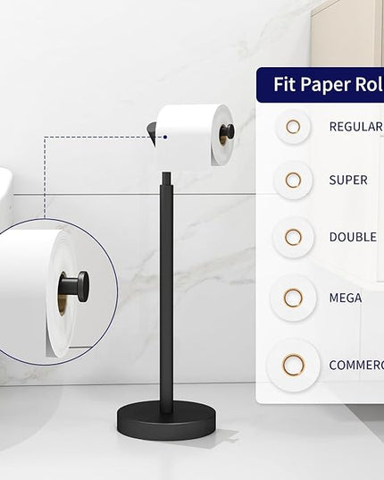 Toilet Paper Holder Free Standing, Matte Black Toilet Paper Stand 21.7" H, Stainless Steel Tissue Roll Holder for Bathroom, Heavy Weighted Base