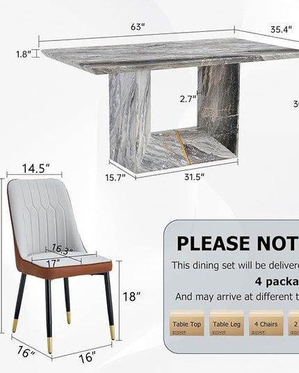 Dinner Table Set for 6, 7 Piece Dining Table Set with Chairs, 63" Faux Marble Modern Table with 6 PU Leather Upholstered Chairs, for Kitchen & Dining Room