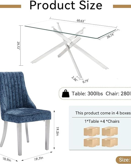 Rectangle Glass Dining Table Set for 4, 60'' Kitchen Table and Chairs Set, 5PCS Modern Dining Room Table Set with 4 Dining Chair for Home