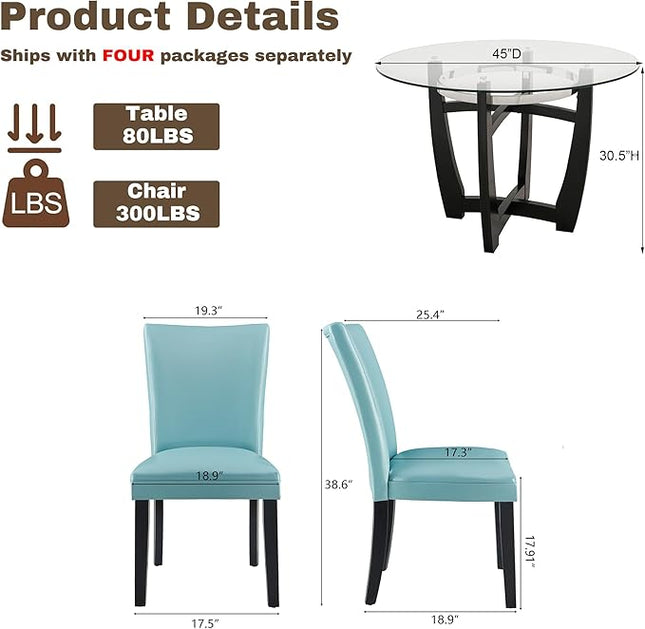 PADMA HOUSE Round Glass Dining Table Set for 4, 45in Modern Kitchen Dinner Table with 4 Parsons Leather Dining Chairs 5 Piece Dining Room Wood Glass Table Chair Set, Clear&Light Blue