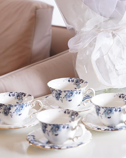 Jomop Ceramic Tea Cups Coffee Cup and Saucers Set of 4 (Blue and White)