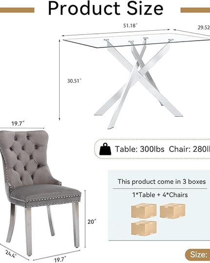5 Piece Dining Table Set for 4, 51in Glass Dining Table Set with 4 Upholstered Dining Chairs, Gray Tufted Chair & Dining Room Table Set w/Silver Metal Legs, Glass Kitchen Table and Chair Set for 4
