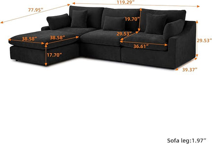 Cloud Couch Modular Sectional Sofa,119.29" L Shaped Couch, Oversized Down Filled Convertible Wide Seater,3 Seater with 1 Ottoman for Living Room Set, Covers Washable&Replaceable,Black