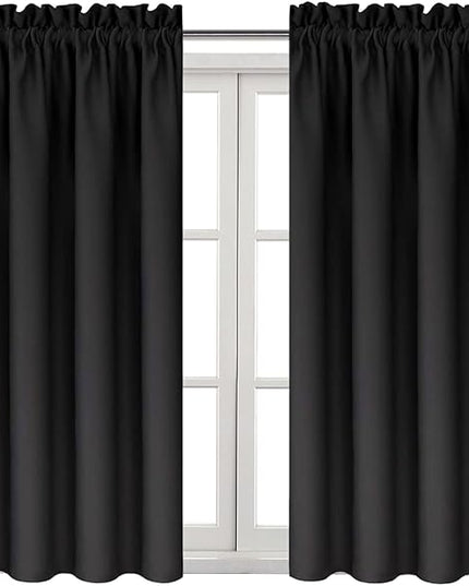 DWCN Blackout Curtains Thermal Insulated Energy Saving Bedroom and Kitchen Curtains Window Treatments, W 38 x L 45 Inch, Set of 2 Black Rod Pocket Drapes