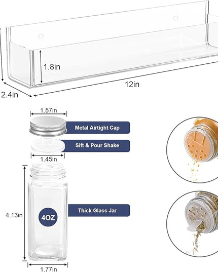 PMMASTO Adhesive Acrylic Spice Rack Organizer with 12 Empty Square Spice Jars, 238 Spice Labels with Chalk Marker and Funnel Complete Set for Kitchen Cabinet/Pantry Door (Clear - 2 Pack)