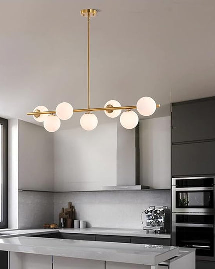 7 Lights Modern Sputnik Chandelier Globe White Glass Shade Brass Linear Mid Century Farmhouse Pendant Light Fixture for Kitchen Island Bedroom Dining Lighting (Gold)