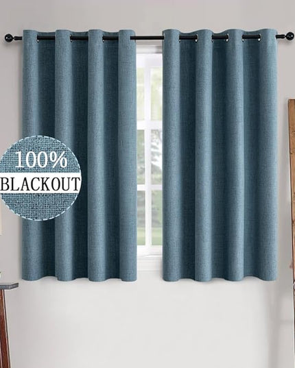 MIULEE Linen Texture Curtains for Bedroom Solid 100% Blackout Thermal Insulated Dusty Blue Curtains Grommet Room Darkening Drapes Luxury Decor for Living Room Nursery 52x45 Inch (2 Panels)