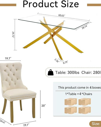 Modern 5-Piece Glass Dining Table Set for 4, Modern 60" Rectangle Gold Glass Dining Room Table Set with Milk White Velvet Tufted Chairs Wood Legs for Kitchen Dining Room