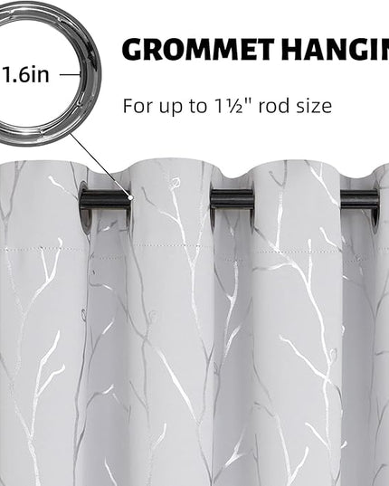 BUHUA White Black Out Curtains 84 Inch Long 2 Panels, Soundproof Curtains with Elegant Silver Tree Branches Print, Heat Blocking Curtains for Livingroom, 52W x 84L, Greyish White