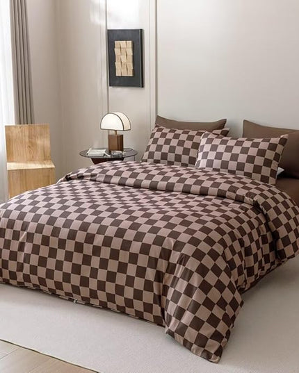 CLOTHKNOW Dark Brown Plaid California King Comforter Set Grid Bedding Comforter Sets Checkered Comforter Soft Geometric Comforter with 2 x Pillow Cases