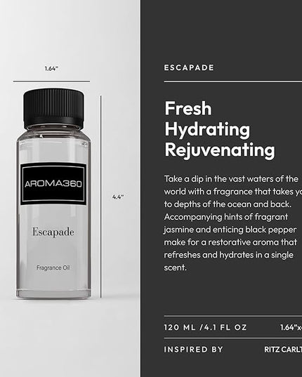 Aroma360 - Escapade Fragrance Oil Scent - Luxury Aromatherapy Scent Diffuser Oil - Hints of Lemon, Ocean, Bergamot, & Fragrant Jasmine - for Essential Oil Diffusers - for Home & Office - 120mL