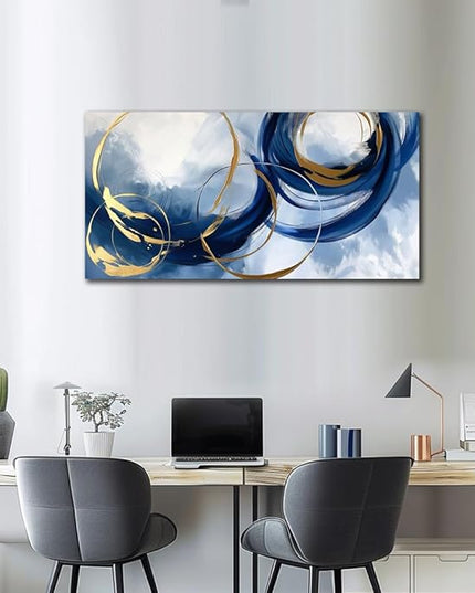 Abstract Wall Art Nave Blue Modern Canvas Pictures Art Print Gold Contemporary Artwork Painting Decor for Living Room Bedroom Home Office Decorations(20"x40")