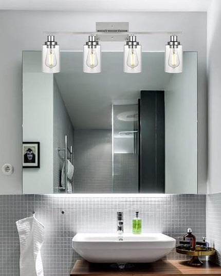 MELUCEE 4-Light Bathroom Lighting Fixtures with Clear Glass Shade Chrome Finish, Modern Vanity Light Wall Mount Lamp for Bedroom Dressing Table Mirror Cabinets Vanity Table (Patent No.: US D963914 S)