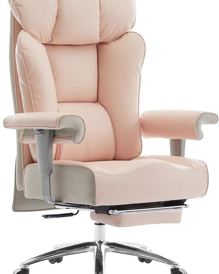 Efomao Big and Tall Ergonomic Office Chair 450LBS with Foot Rest, High Back PU Leather Executive Chair with Adjustable Padded Armrests, Lumbar Support for Home or Work, Heavy Duty Computer Chair, Pink