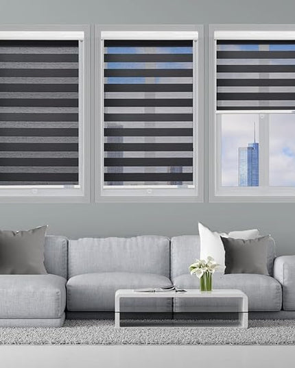 ShadesU Cordless Zebra Blinds – Light Filtering Dual-Layer Window Shades for Privacy (Black Color) (Maximum Height 72") (Width 73")