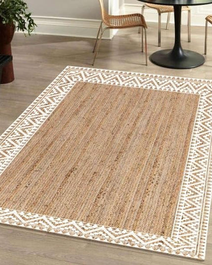 voyzz home 5X8 Feet-Rectangular, Premium Natural Jute Braided Area Rug, White Printed Border, Stain Resistance, Natural Brown, Handmade Rug for Entryways, Living Room, Dining Room, Bedroom, Farmhouse