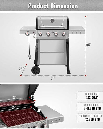 All Stainless Steel 4+1 Burner Gas BBQ Grill, Outdoor Propane Grill with Premium Enameled Coated Chamber Body & Porcelain-Enameled Cast lron Grates, 48,000 BTU