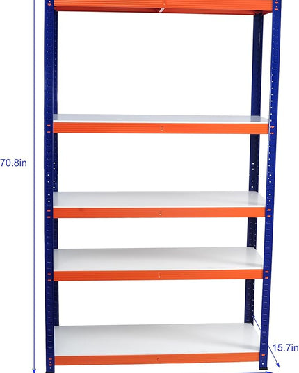 Heavy Duty Storage Shelving Unit, 5-Tier Metal Rack, Blue and Orange Iron Frame, 70.8x35.4x15.7 Inches, Multipurpose Organization for Garage, Kitchen, Office