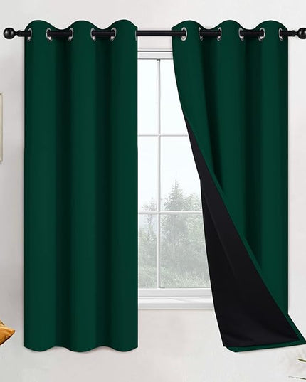 Yakamok 100% Blackout Thermal Insulated Curtains,Room Darkenning Curtains Soundproof Window Treatment Drapes for Living Room(42Wx63L,Dark Green, 2 Panels)