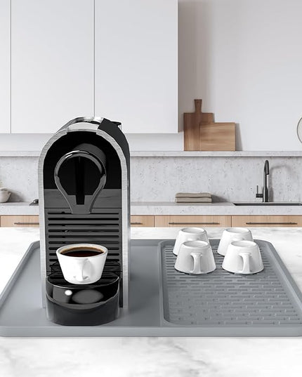 Silicone Coffee Mat,16'' x 16'' Coffee Bar Mat with Detachable Dish Drying Mat for Kitchen Countertops,Coffee Bar Accessories Fit Under Coffee Maker Coffee Machine Espresso Machine Dish Rack