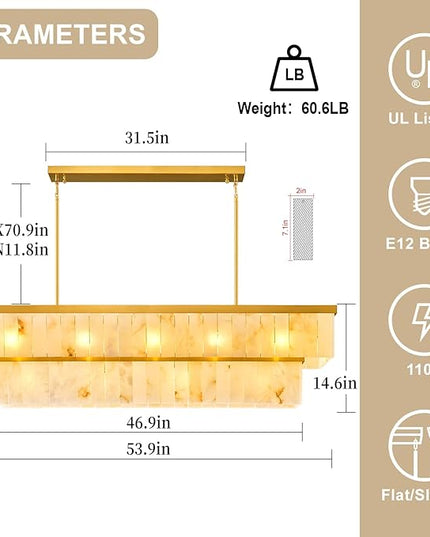 Rectangle Alabaster Chandelier, L54 Brass Linear Chandeliers Over Table Pendant Light Modern Mrable Rectangular Chandelier for Kitchen Island Dining Room Living 2-Tier Gold(Include 16 Bulbs)