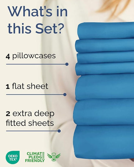 Extra Deep Split King Sheet Set - 7 Piece Breathable & Cooling Sheets - Hotel Luxury Bed Sheets Set - Easy Fit - Soft, Wrinkle Free & Comfy Sheets Set - Denim Blue Sheet Set with Extra Deep Pockets