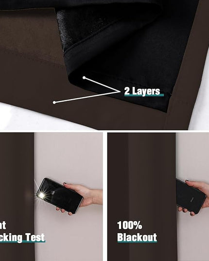 ChrisDowa 100% Blackout Curtains 80 inch Long for Bedroom with Black Liner, 2 Thick Layers Total Blackout Thermal Insulated Grommet Window Curtains 2 Panels Set (Brown, 52 x 80 Inch)