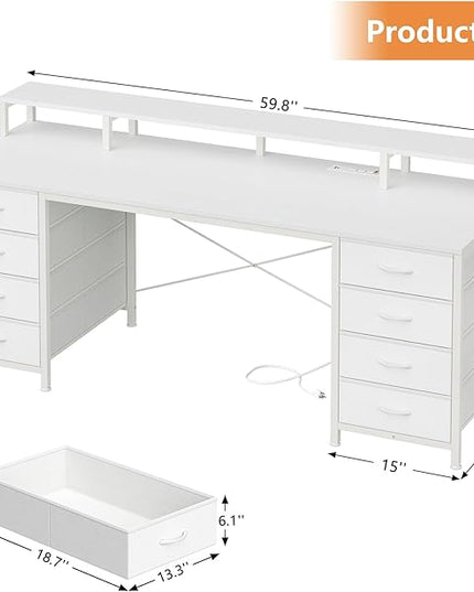 60 Inch Computer Desk with 8 Fabric Drawers, Gaming Desk with LED Lights & Power Outlets, Home Office Desk with Monitor Stand, White