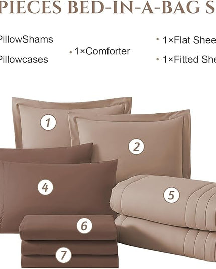 Monbix Queen Comforter Set - 7 Pieces Rust Pink Bed in a Bag Queen Bedding Sets with Comforters, All Seasons Comforter Bed Set with Sheets,Pillowcases & Shams