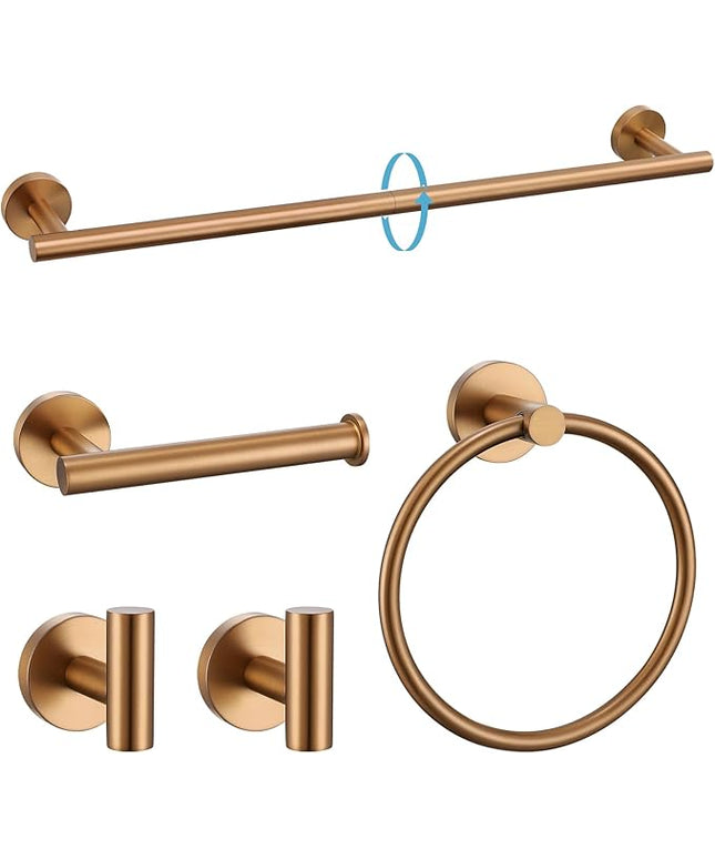 TURS Brushed Rose Gold 5 Piece Bathroom Hardware Set, SUS304 Stainless Steel 23.6 Inch Bath Towel Bar Set, Round Bathroom Accessories Kit Wall Mounted