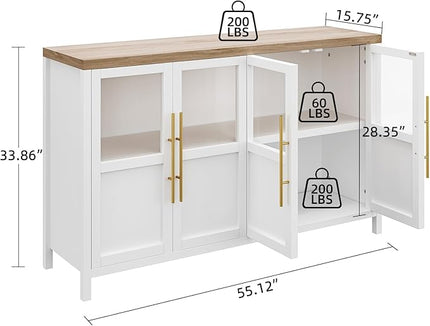 Sideboard Buffet Cabinet, 55" Large Modern Farmhouse Storage Cabinet Table with 4 Glass Doors and Shelves, Multi-Room Use for Kitchen, Dining Room, Living Room, and Hallway