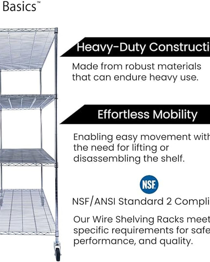 NSF Commercial 4-Tier Wire Shelving with Wheels, 60"x24"x72" Heavy Duty Metal Shelves 3200 lbs Max Capacity, Chrome Storage Rack for Garage Kitchen Pantry Warehouse