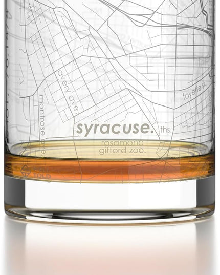 Well Told Engraved Syracuse New York Map Rocks Glass, Old Fashioned Glassware (11 oz, Clear) Etched Bourbon Tumbler, Gifts For Whiskey Lovers