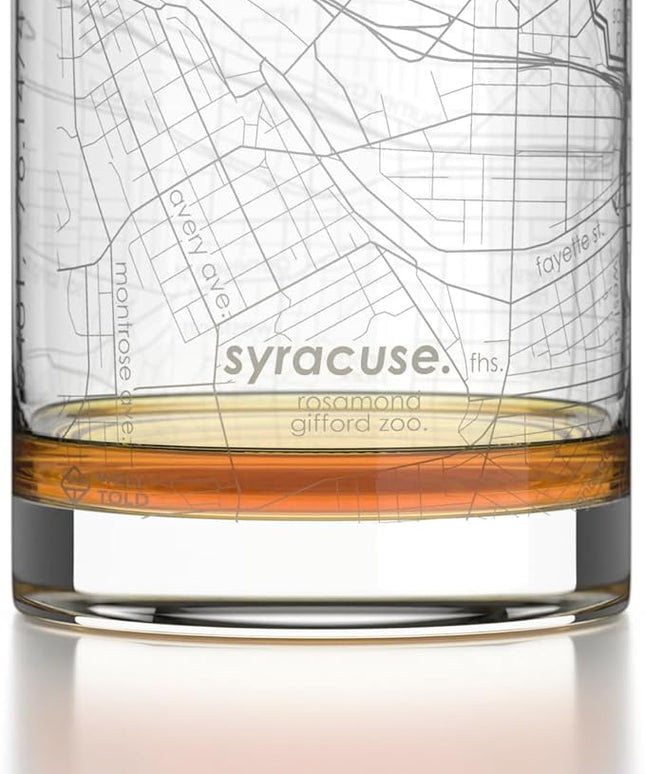 Well Told Engraved Syracuse New York Map Rocks Glass, Old Fashioned Glassware (11 oz, Clear) Etched Bourbon Tumbler, Gifts For Whiskey Lovers