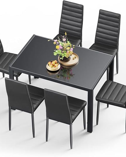 Gizoon Glass Dining Table Sets for 6, 7 Piece Kitchen Table and Chairs Set for 6 Person, PU Leather Modern Dining Room Sets for Home, Kitchen, Living Room