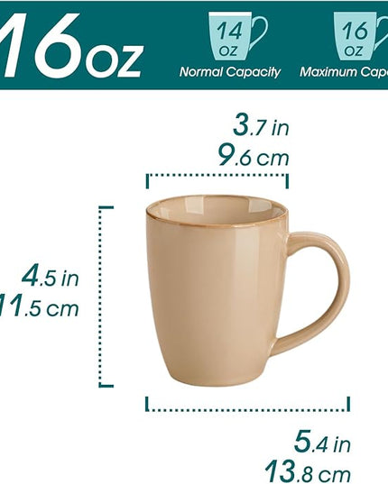 vancasso PLAYA Ceramic Coffee Mug Set of 6, 16 Oz Tea Cups with Handle for Latte, Tea, Cappuccino, Milk, Cocoa, Microwave&Dishwasher Safe, Brown