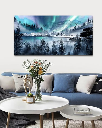 hyidecorart Large Wall Decorations For Office Canvas Wall Art For Living Room Stretched And Framed Canvas Prints Paintings Blue Aurora Scenery Wall Pictures Artwork Ready To Hang Hotel Mural 48x24