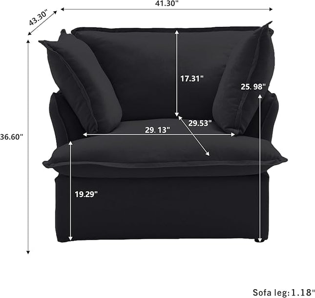 JACH Modern Comfy Couch Chair with Thick Cushion, Couch Single Accent Chair Deep Seat Sofa Couches, Hemp Velvet Sofas Furniture for Small Spaces Living Room Bedroom Office Apartment (Black)